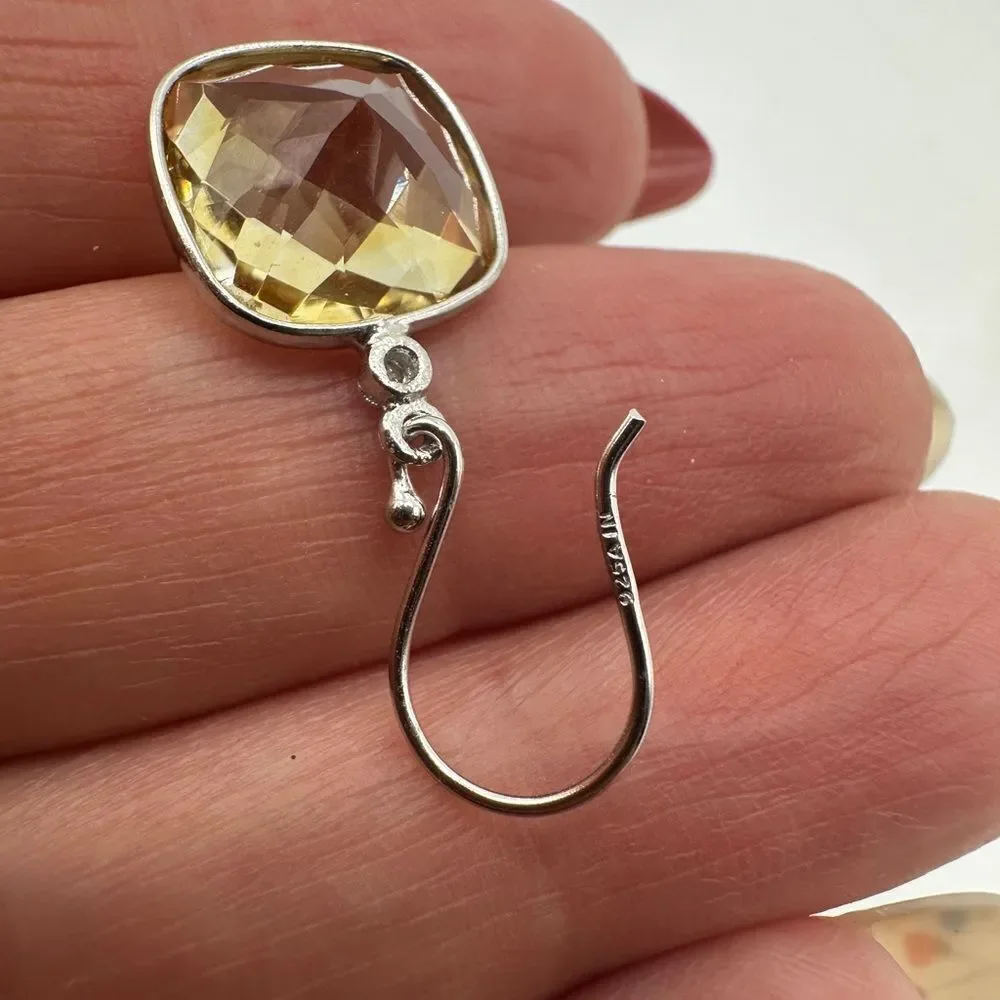 7.11cts faceted checkerboard cushion cut citrine on 925‎ dangle earrings!